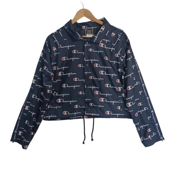 Champion Script Logo Cropped Jacket Women Large Navy Blue Tape Zippered Sleeves - Picture 1 of 7